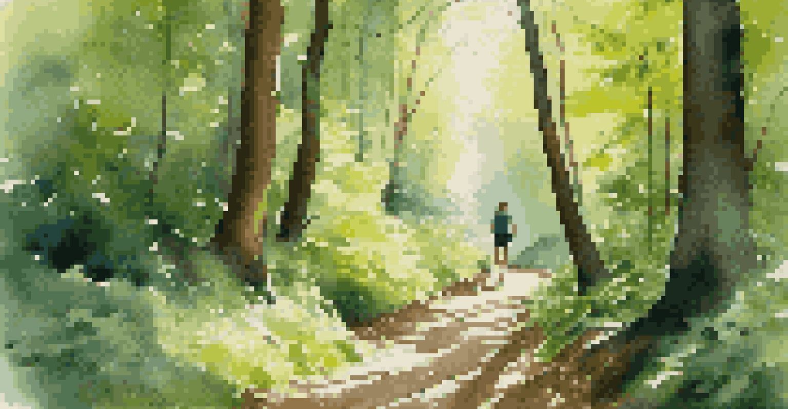 A person hiking on a winding trail in a lush forest, surrounded by tall trees and dappled sunlight.