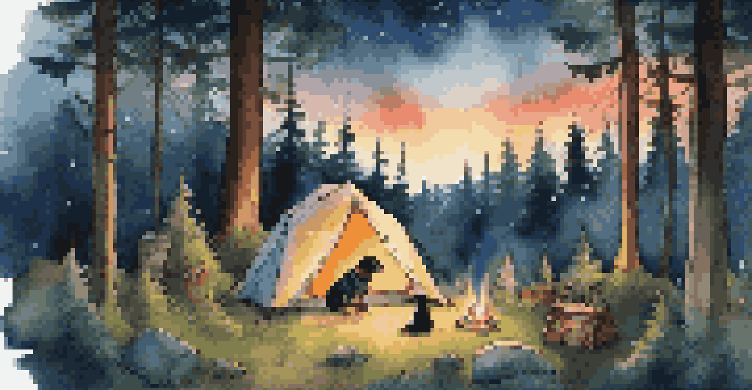 A camping setup in a forest with a tent, a campfire, and a dog sitting beside it under a starry night.