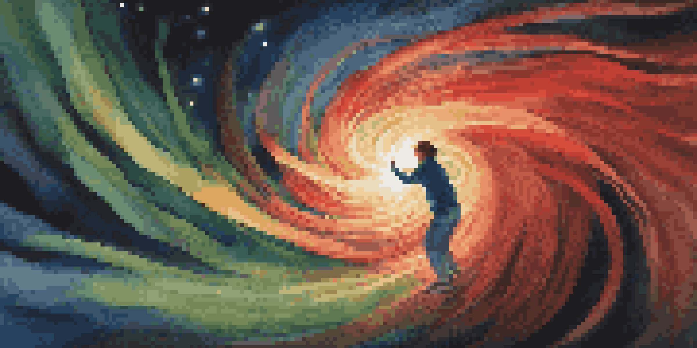 A person using a flashlight to create colorful light patterns in a dark setting.
