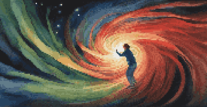 A person using a flashlight to create colorful light patterns in a dark setting.