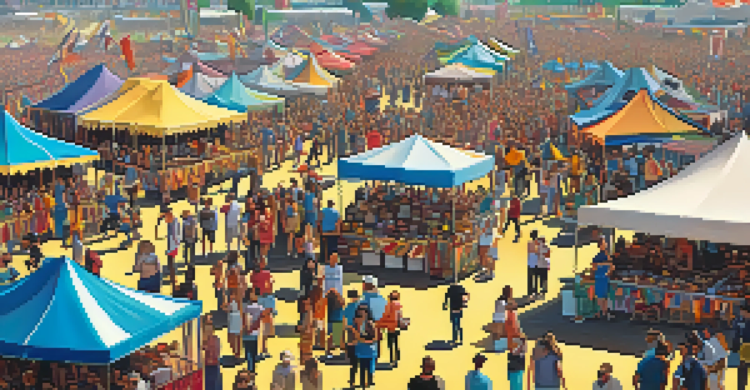 A drone flying over a vibrant festival crowd, capturing footage of people enjoying the event with tents and food stalls below.