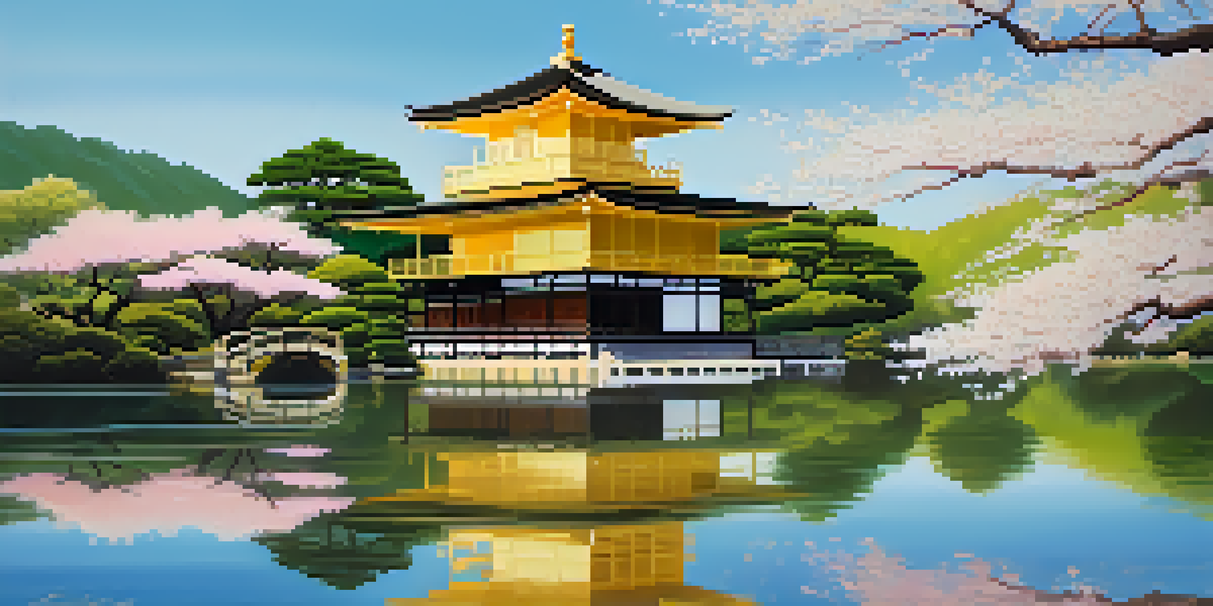 A view of Kinkaku-ji, the Golden Pavilion, reflecting in a pond surrounded by cherry blossoms and greenery under a clear blue sky.