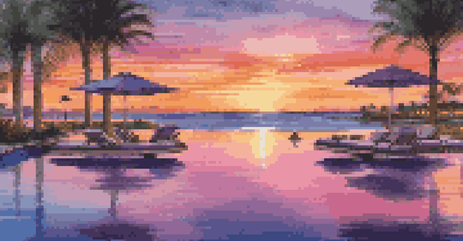 An infinity pool at sunset with palm trees and two people relaxing on lounge chairs.