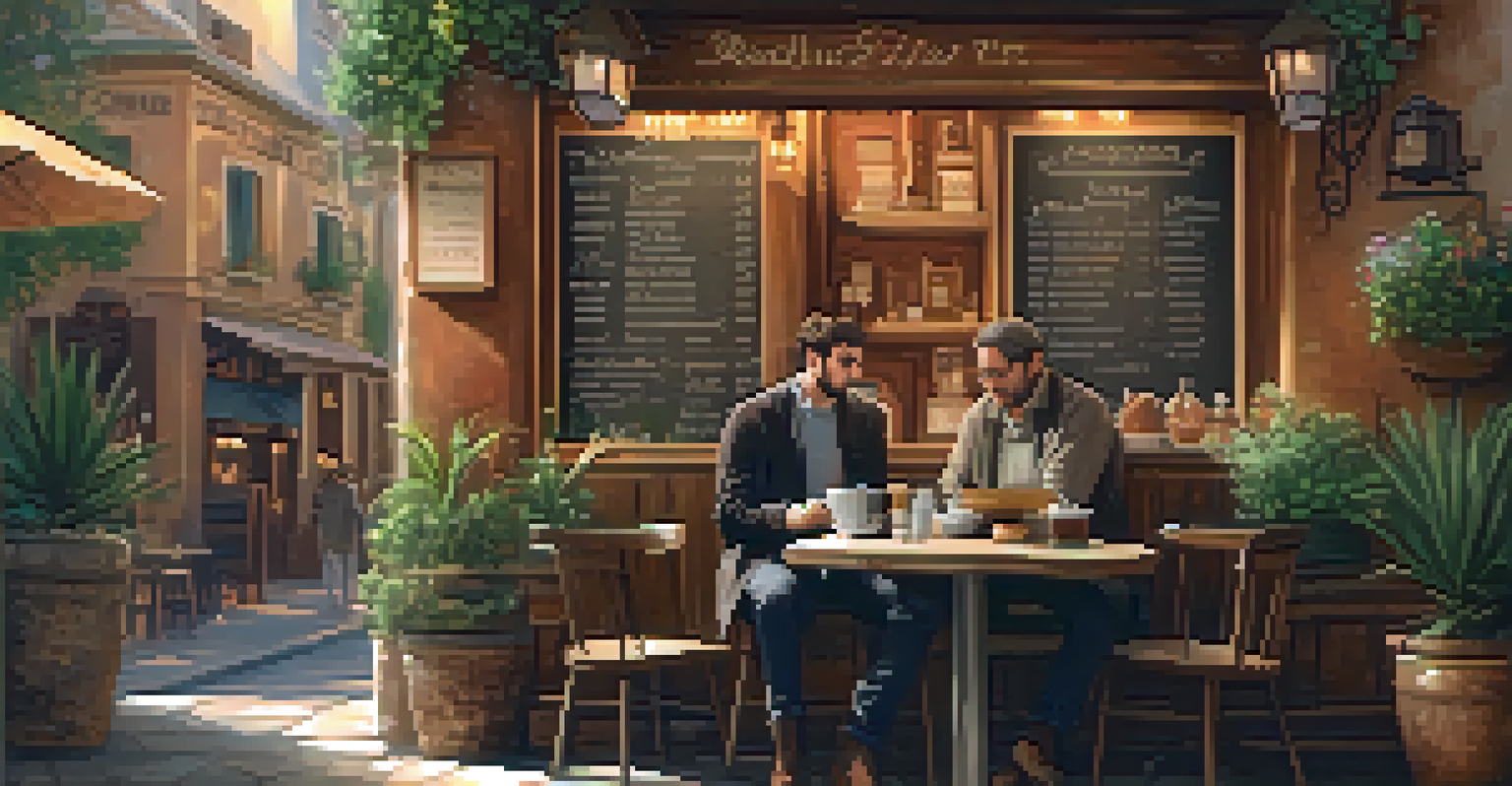 A traveler at a café, reading a menu with a warm and cozy atmosphere around them.