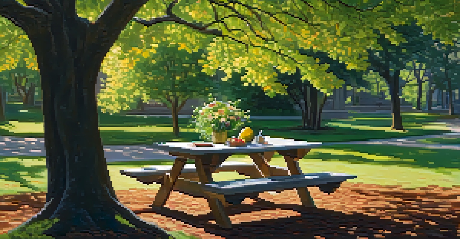 An outdoor workspace at a picnic table in a park, featuring a laptop surrounded by blooming flowers and sunlight filtering through tree leaves.