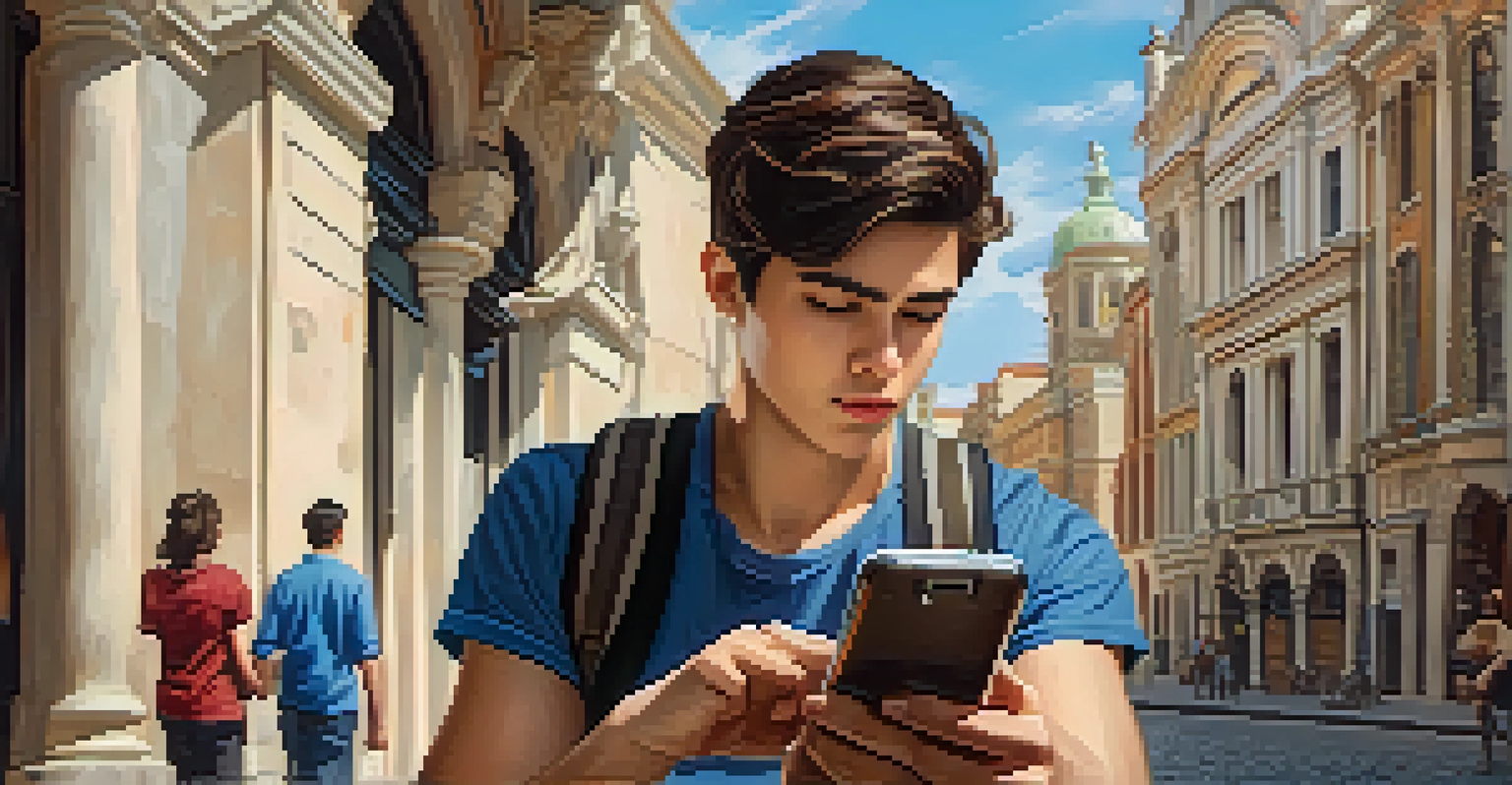 A traveler using a smartphone map in front of historical buildings, blending technology with sightseeing.