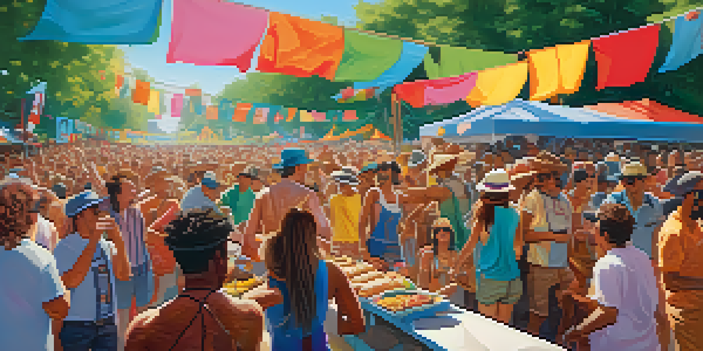 A lively outdoor music festival with a crowd dancing and enjoying performances, surrounded by colorful banners and food stalls under a sunny sky.