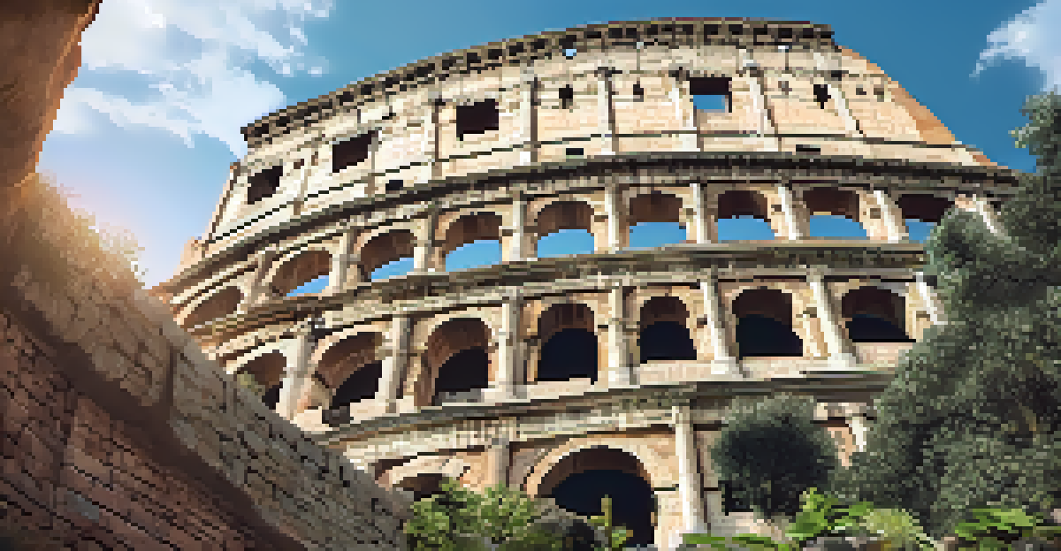 Close-up of the Colosseum's arches and stone textures, showcasing the ancient craftsmanship.