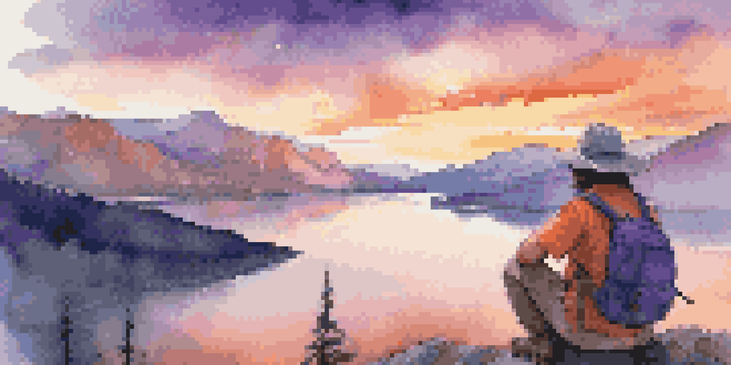 A solo traveler enjoying a sunset view over mountains and a lake, with vibrant colors in the sky.