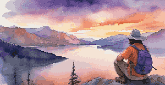 A solo traveler enjoying a sunset view over mountains and a lake, with vibrant colors in the sky.