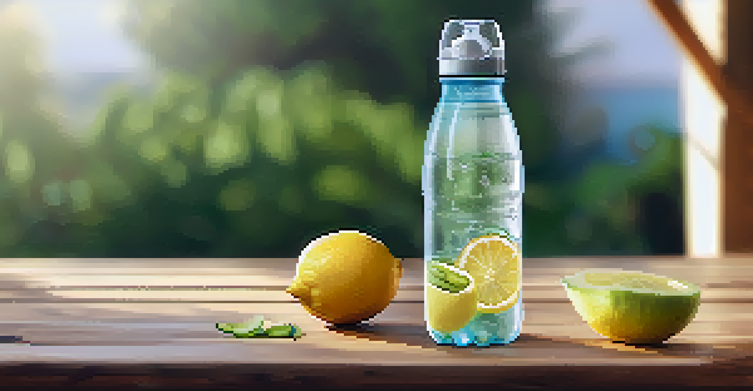 A close-up of a reusable water bottle with flavored water, surrounded by vibrant fruits like lemon, cucumber, and berries, illuminated by soft natural light.
