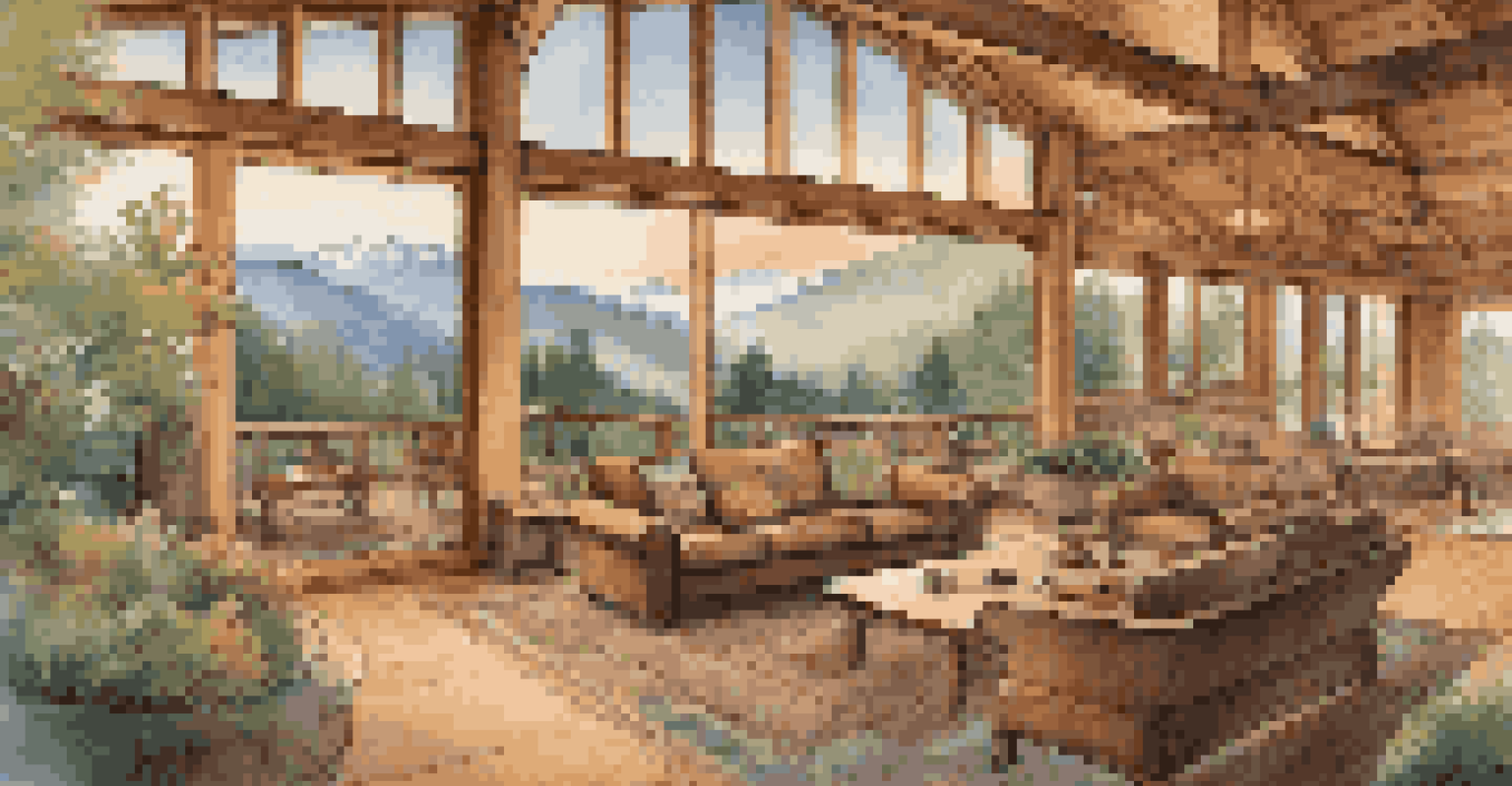 An eco-friendly lodge made of natural materials, surrounded by mountains and featuring large windows and potted plants.