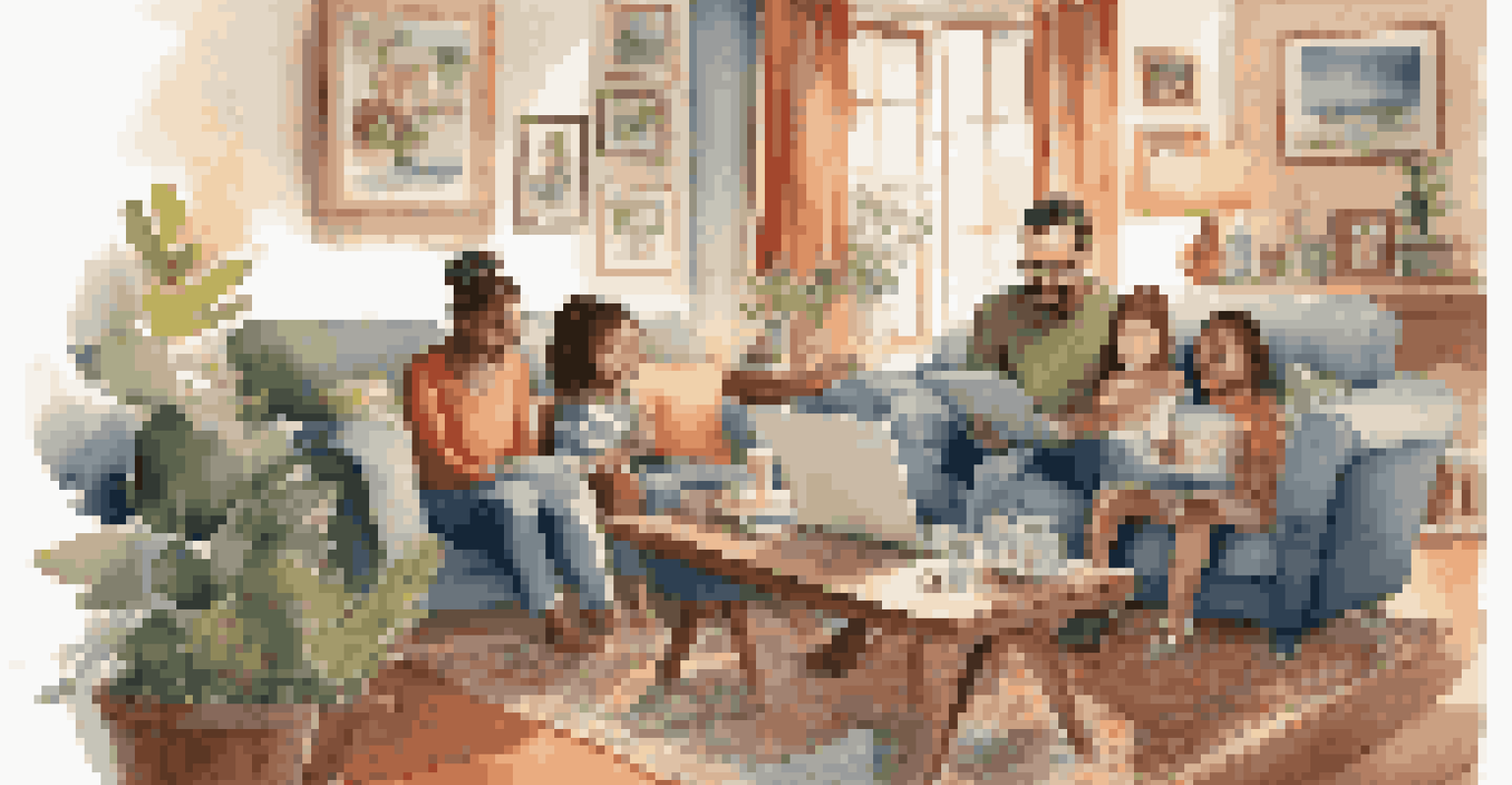A family in a living room planning their vacation using a laptop, with children sharing ideas and parents listening, surrounded by travel-themed decor.