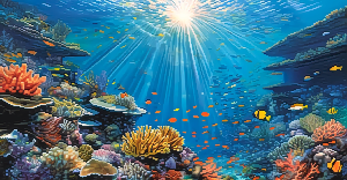 An underwater view of the Great Barrier Reef with colorful corals, clownfish, and a diver exploring.