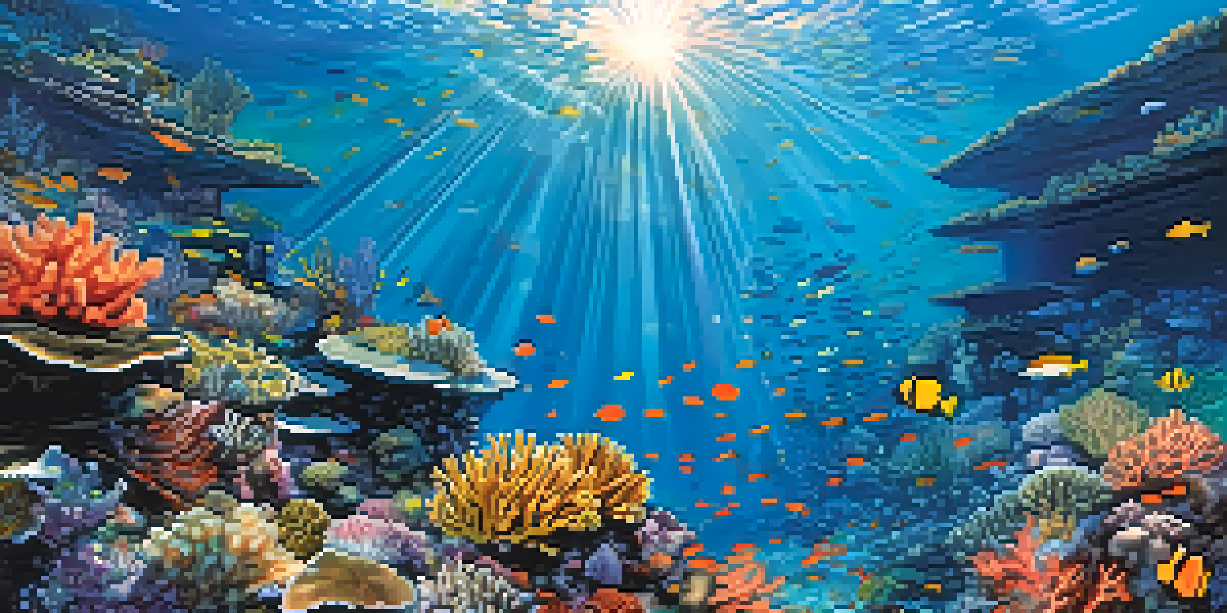 An underwater view of the Great Barrier Reef with colorful corals, clownfish, and a diver exploring.
