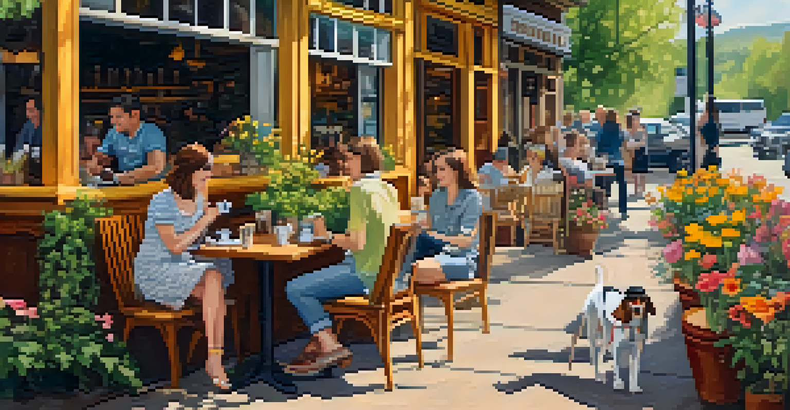 A woman at an outdoor café in Portland, with a beagle resting at her feet amidst colorful flowers.