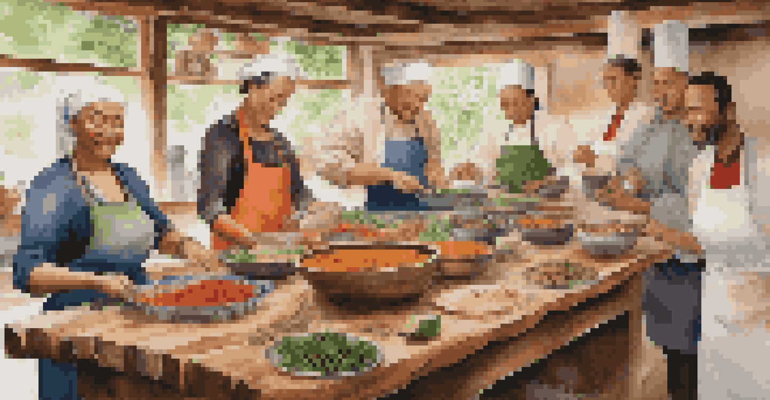 Travelers engaged in a traditional cooking class, surrounded by fresh ingredients and colorful spices in a warm kitchen.