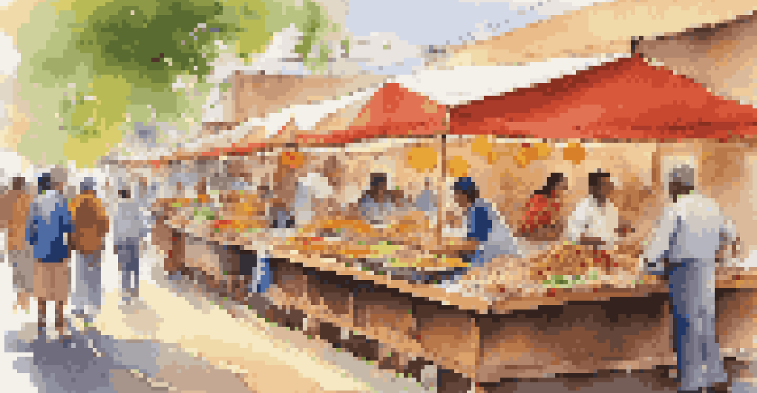 A colorful food stall at a cultural festival with various local delicacies and festival-goers enjoying their meals.