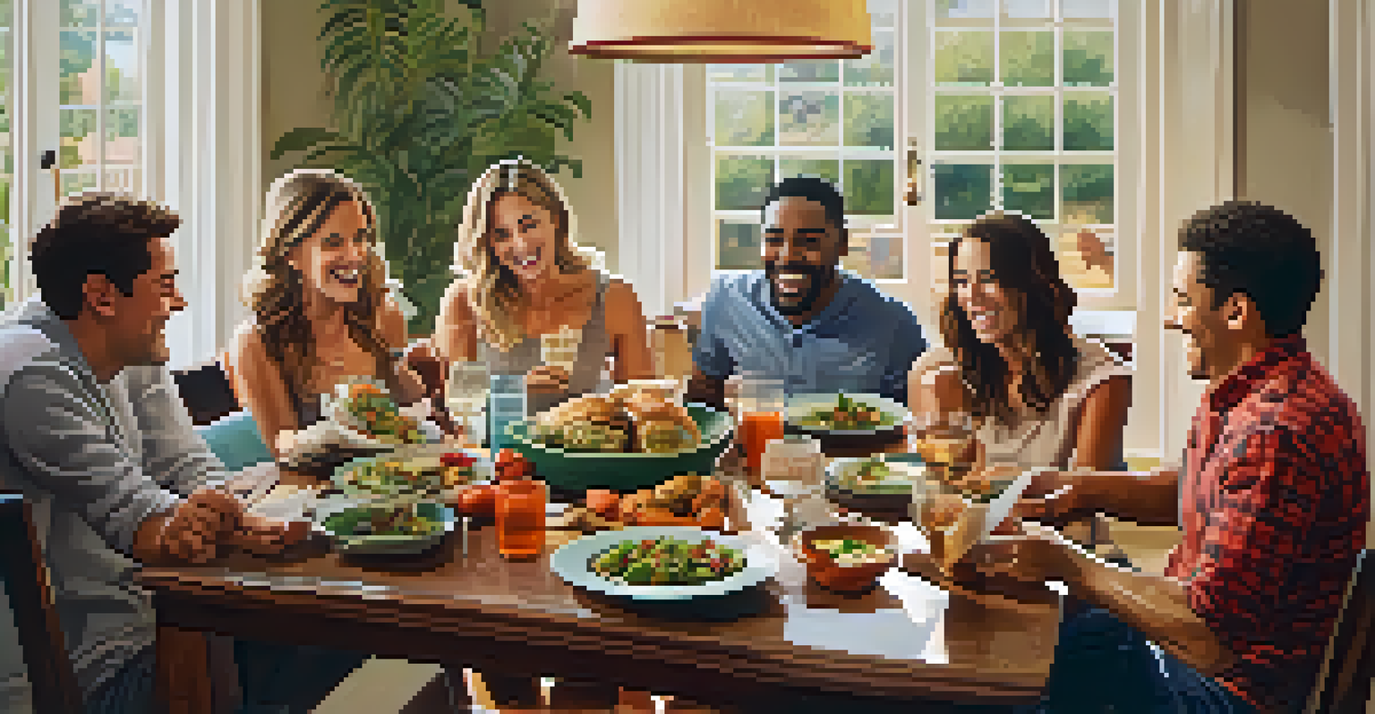 A warm and inviting vacation rental living room where a group of friends are enjoying a meal and laughing together.