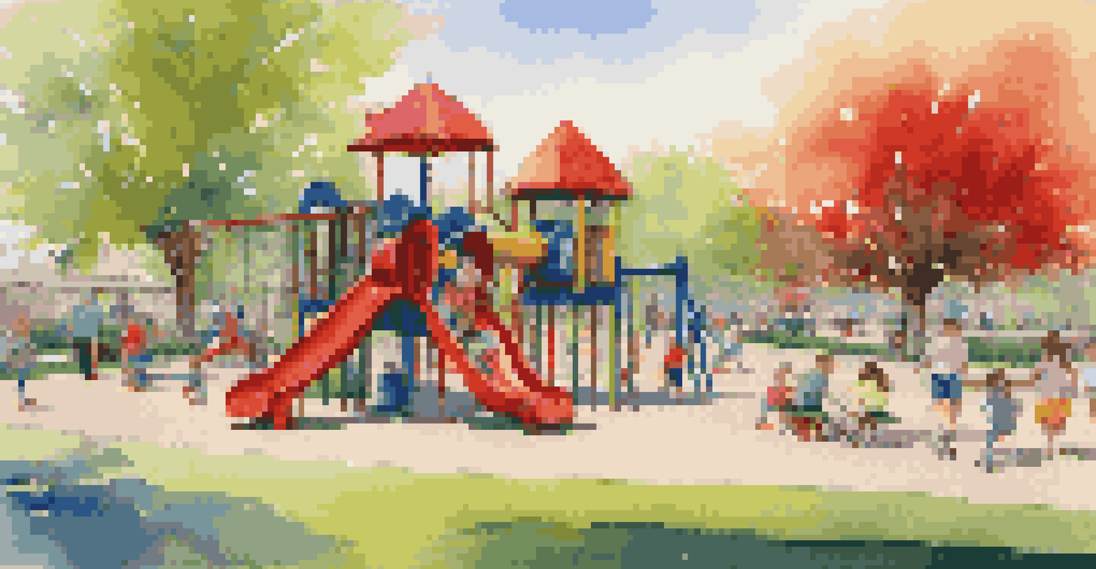 Toddlers playing on a colorful playground in a sunny park, with parents watching from benches.