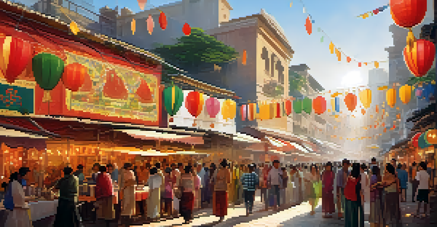 A lively city street filled with people celebrating a cultural festival, decorated with colorful banners.