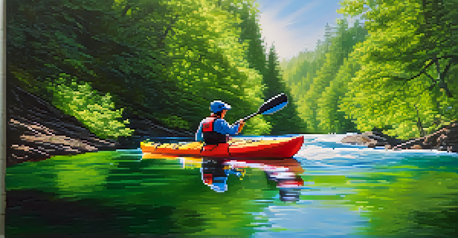 A kayaker navigating a winding river surrounded by lush green forests, with sunlight creating patterns on the water's surface.