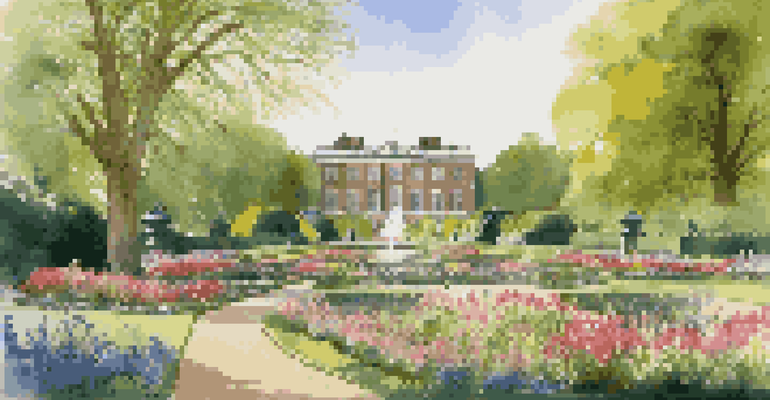 A beautiful springtime view of Kensington Palace's gardens, filled with colorful flowers and greenery, with the palace in the background under a sunny sky.