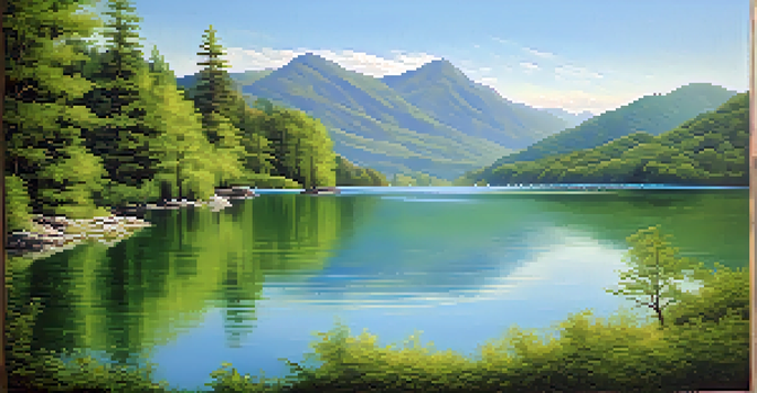 A calm lake surrounded by green mountains and a blue sky, reflecting sunlight on the water.