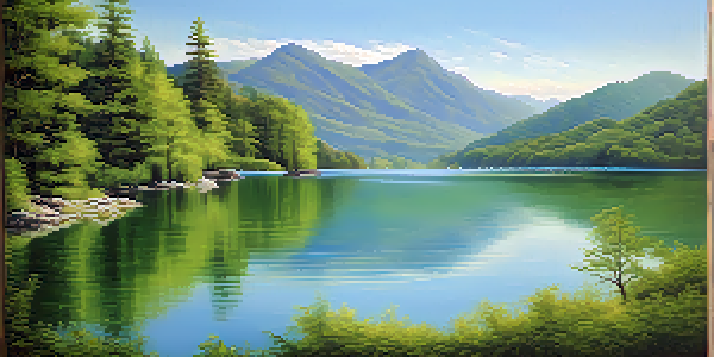 A calm lake surrounded by green mountains and a blue sky, reflecting sunlight on the water.