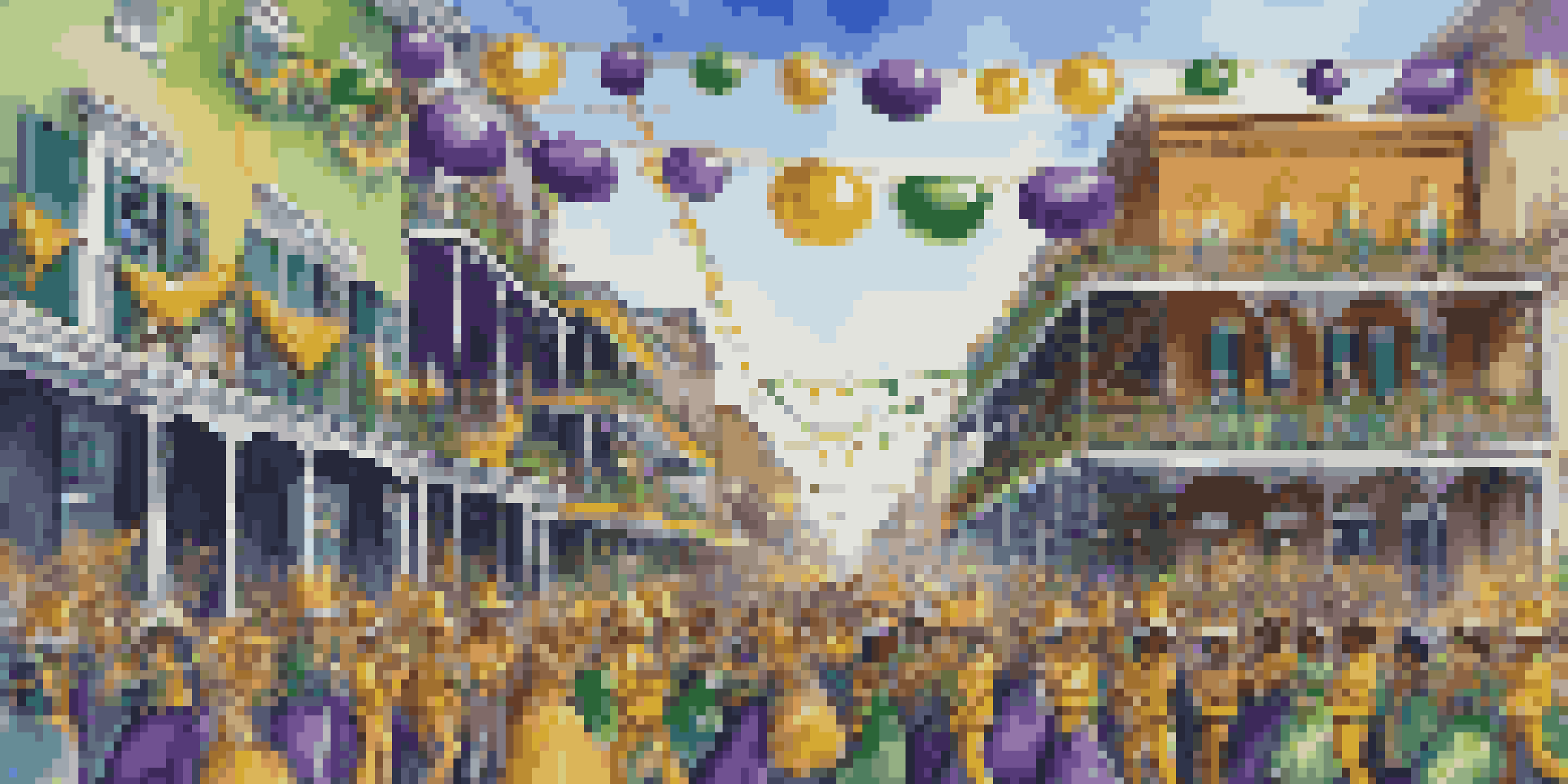 A colorful Mardi Gras parade in New Orleans with a float and costumed riders throwing beads to spectators.