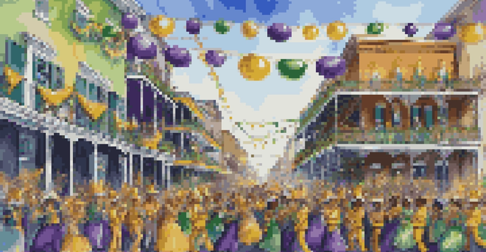 A colorful Mardi Gras parade in New Orleans with a float and costumed riders throwing beads to spectators.