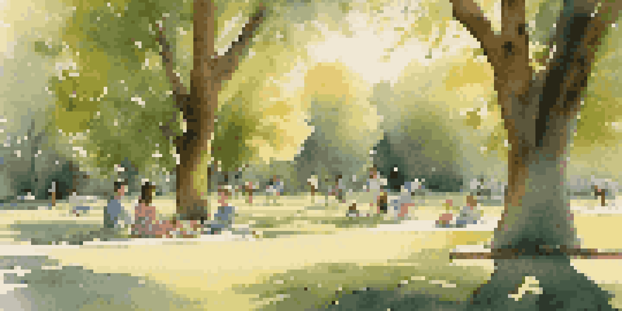 A peaceful park with families picnicking, children playing, and sunlight filtering through the trees.