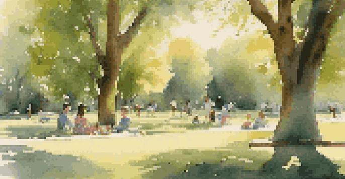 A peaceful park with families picnicking, children playing, and sunlight filtering through the trees.