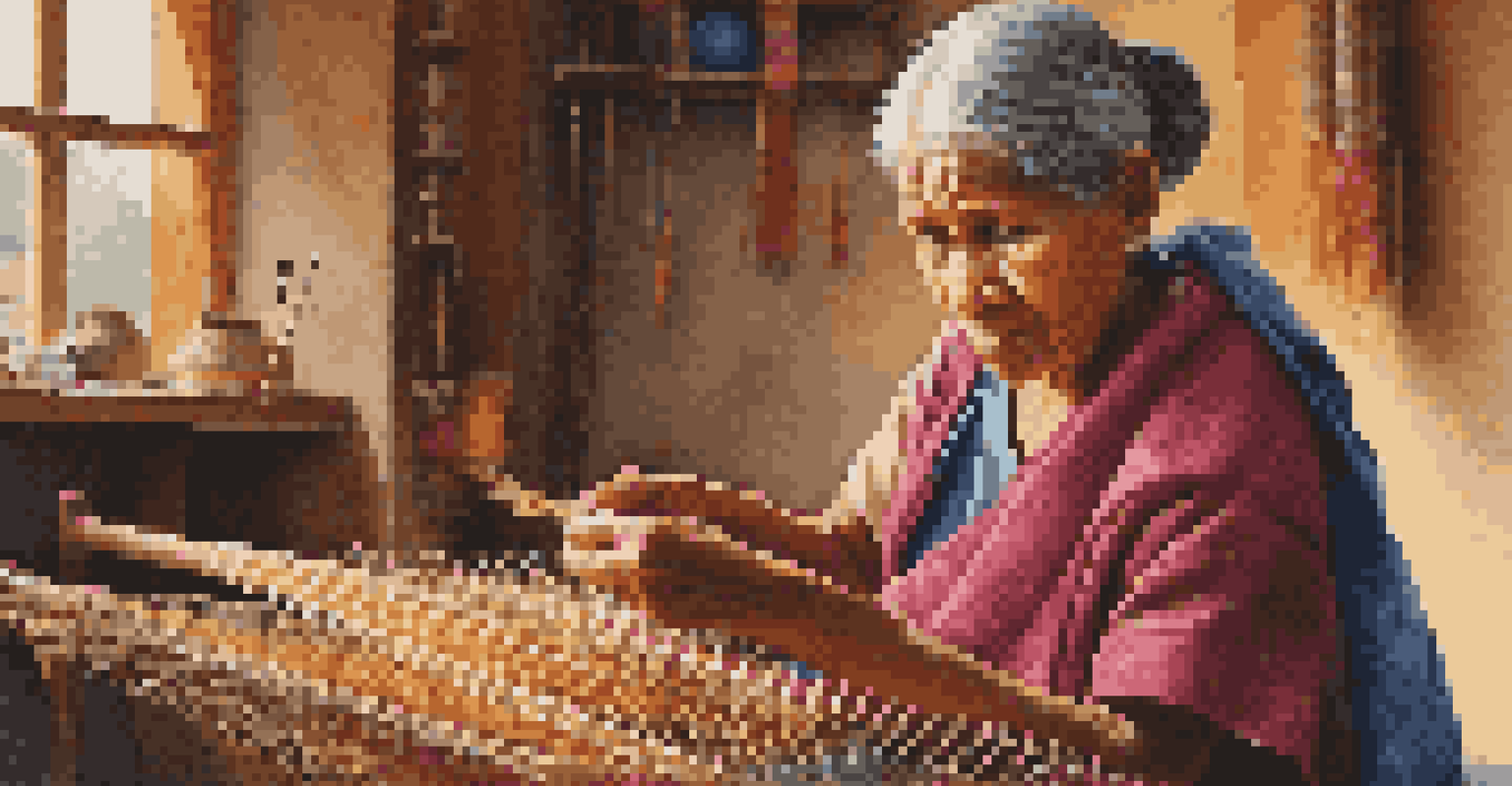 An elderly woman weaving textiles in a warm, well-lit workshop, showcasing intricate patterns and vibrant colors.