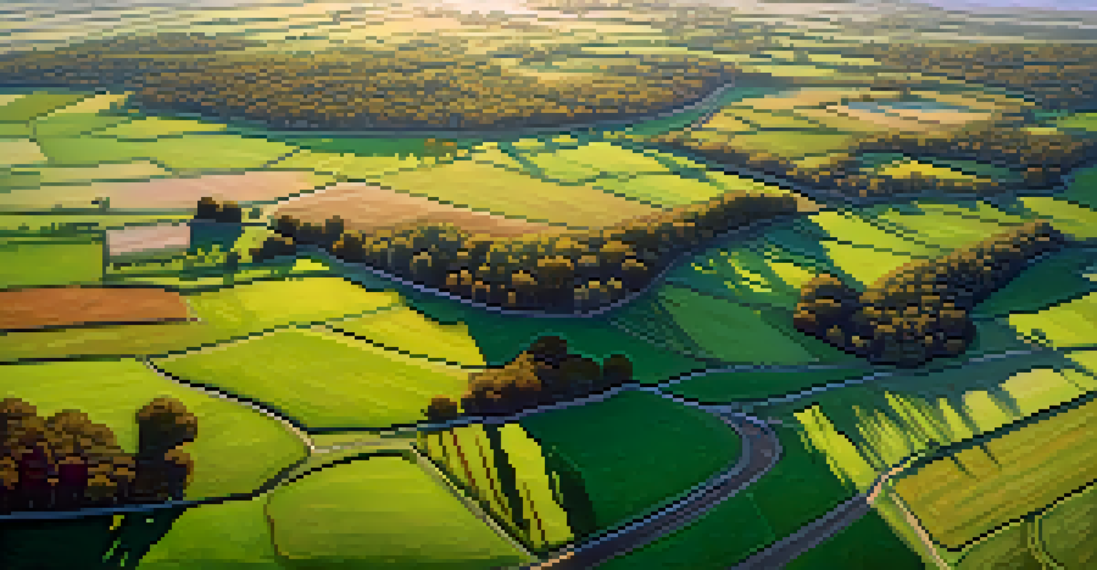 An aerial view from a paraglider showing a colorful patchwork of fields and a sunset in the background.