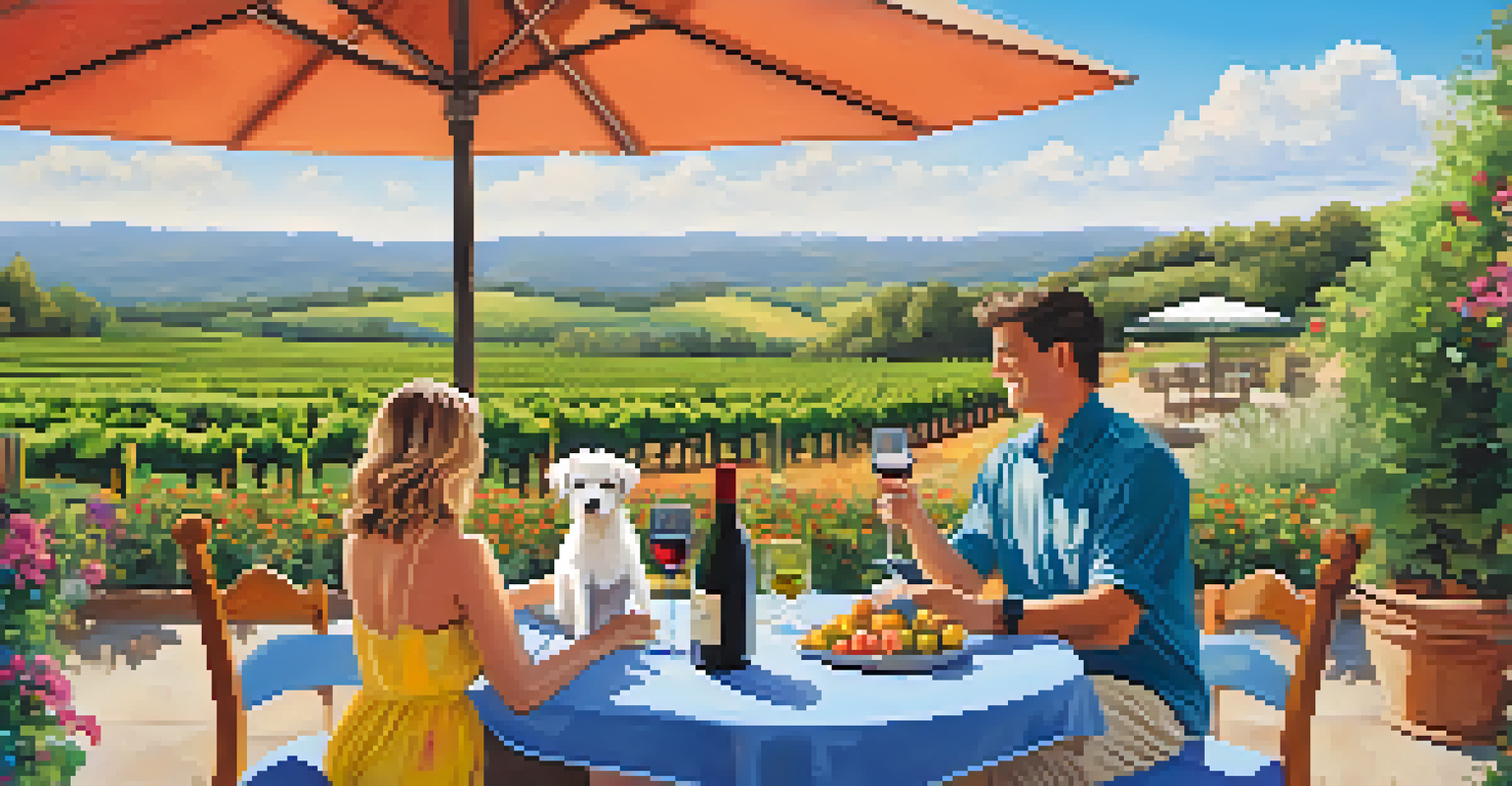 A couple tasting wine outdoors with their small dog at their feet in a winery.