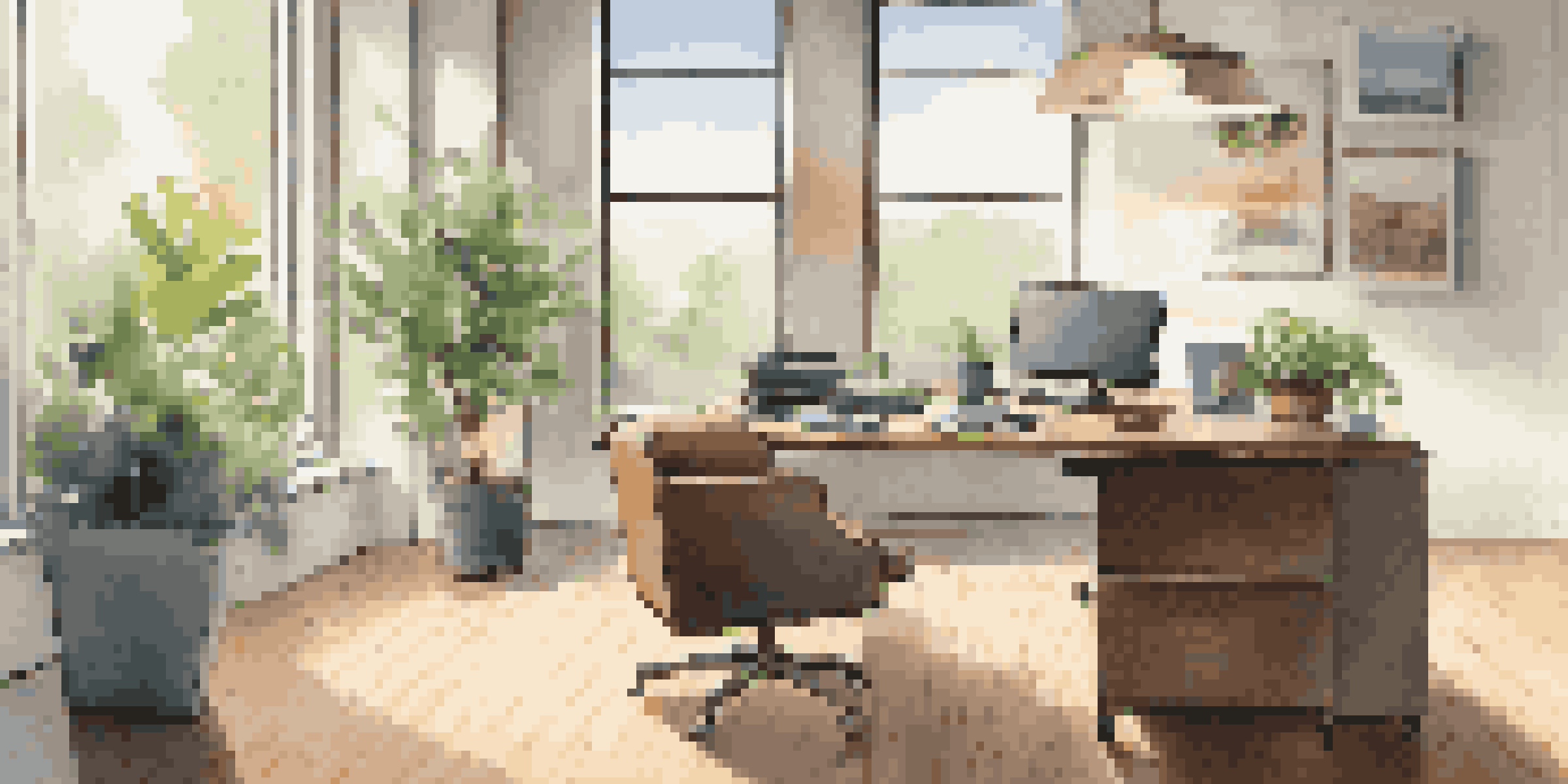 An office desk with a laptop, travel rewards brochures, and a coffee cup, illuminated by natural light from large windows.