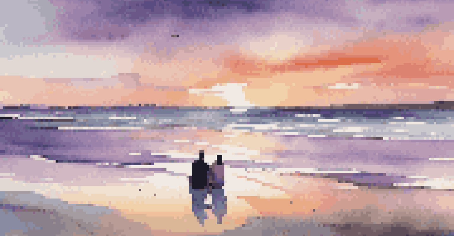 A couple holding hands on the beach at sunset, with colorful skies and gentle waves.