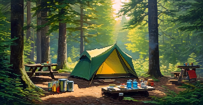 A colorful tent in a lush forest, with sunlight filtering through the trees, a small campfire, and reusable camping gear on a picnic table.