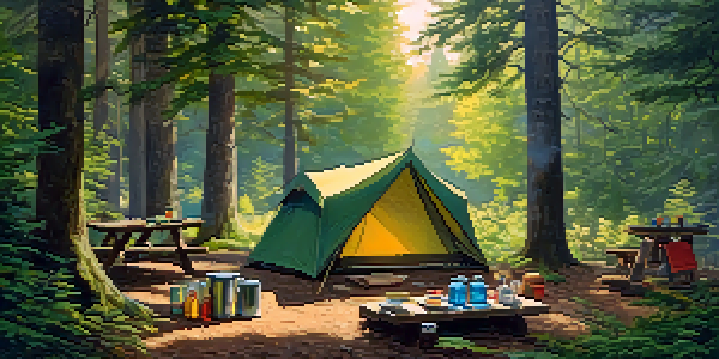 A colorful tent in a lush forest, with sunlight filtering through the trees, a small campfire, and reusable camping gear on a picnic table.