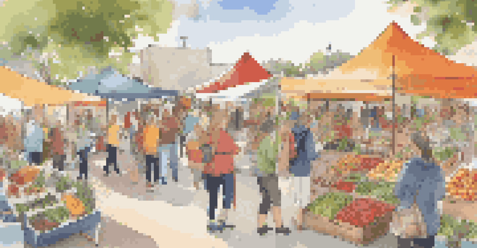 A vibrant marketplace at a wellness festival with stalls selling organic foods and wellness products, filled with attendees.