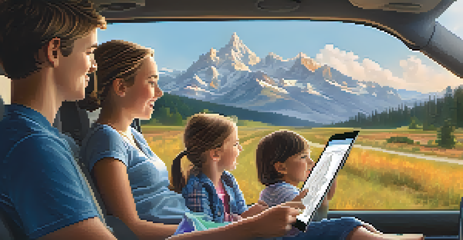 A family on a road trip, children in the back seat using travel accessories, with a scenic mountain view outside the car.