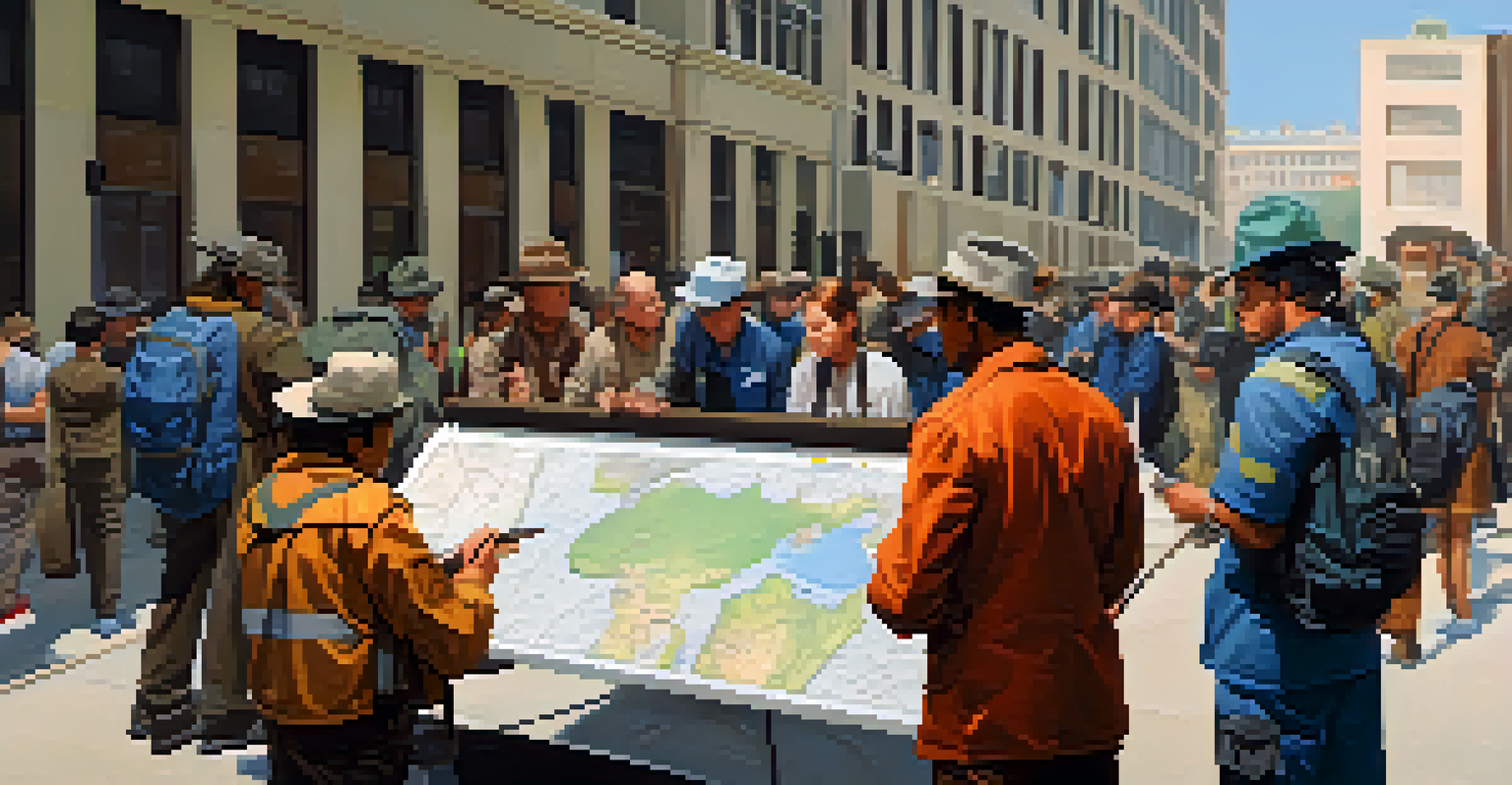 A group of travelers at a meeting point discussing evacuation plans during an emergency drill in a vibrant urban setting.