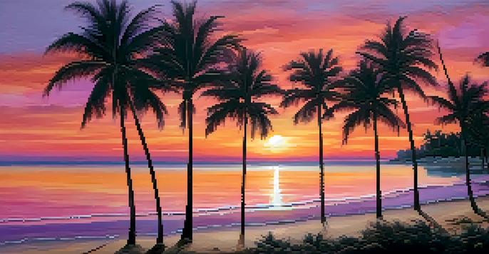 A sunset at a beach with palm tree silhouettes and colorful sky reflections on the water.
