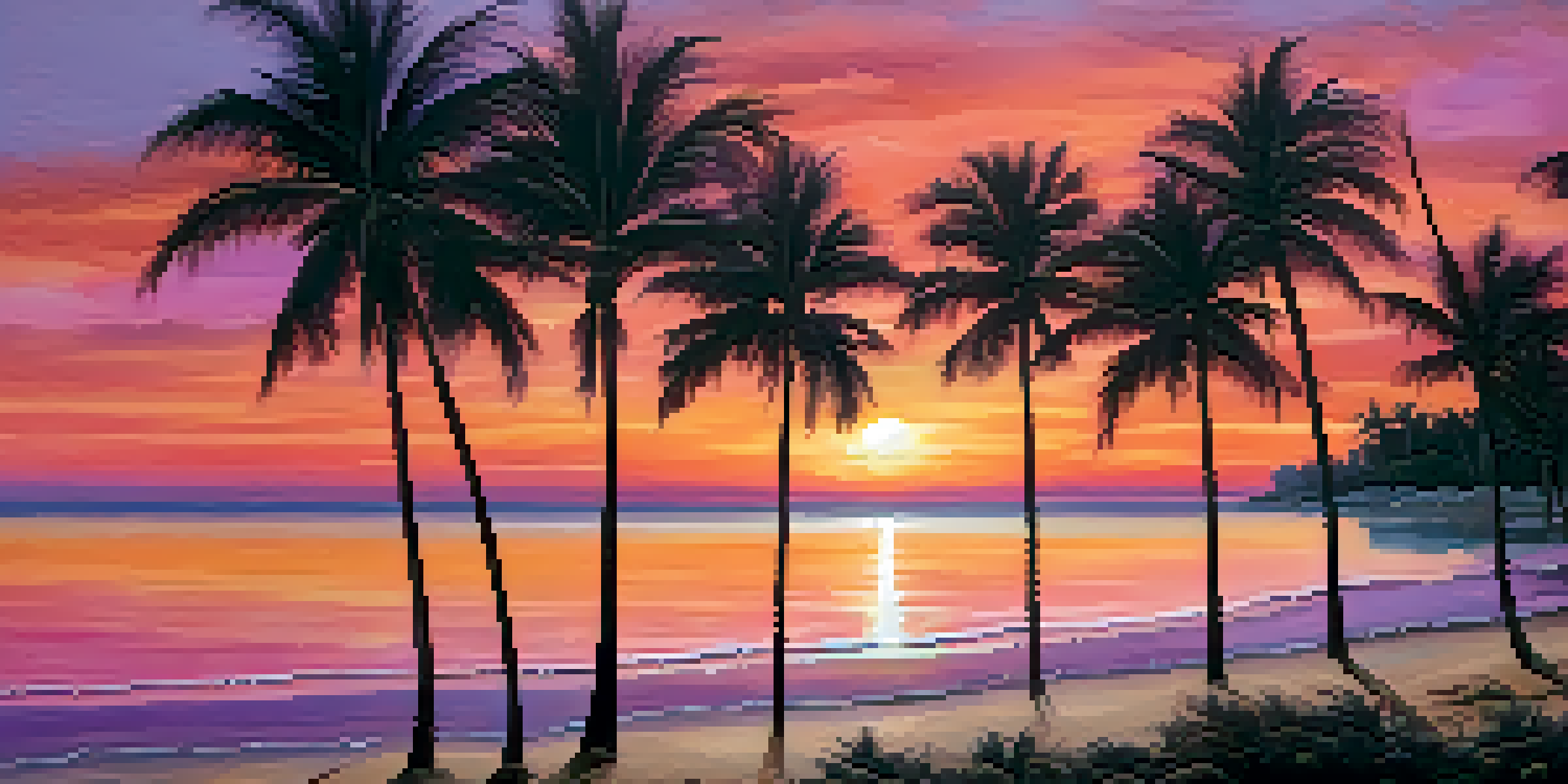A sunset at a beach with palm tree silhouettes and colorful sky reflections on the water.