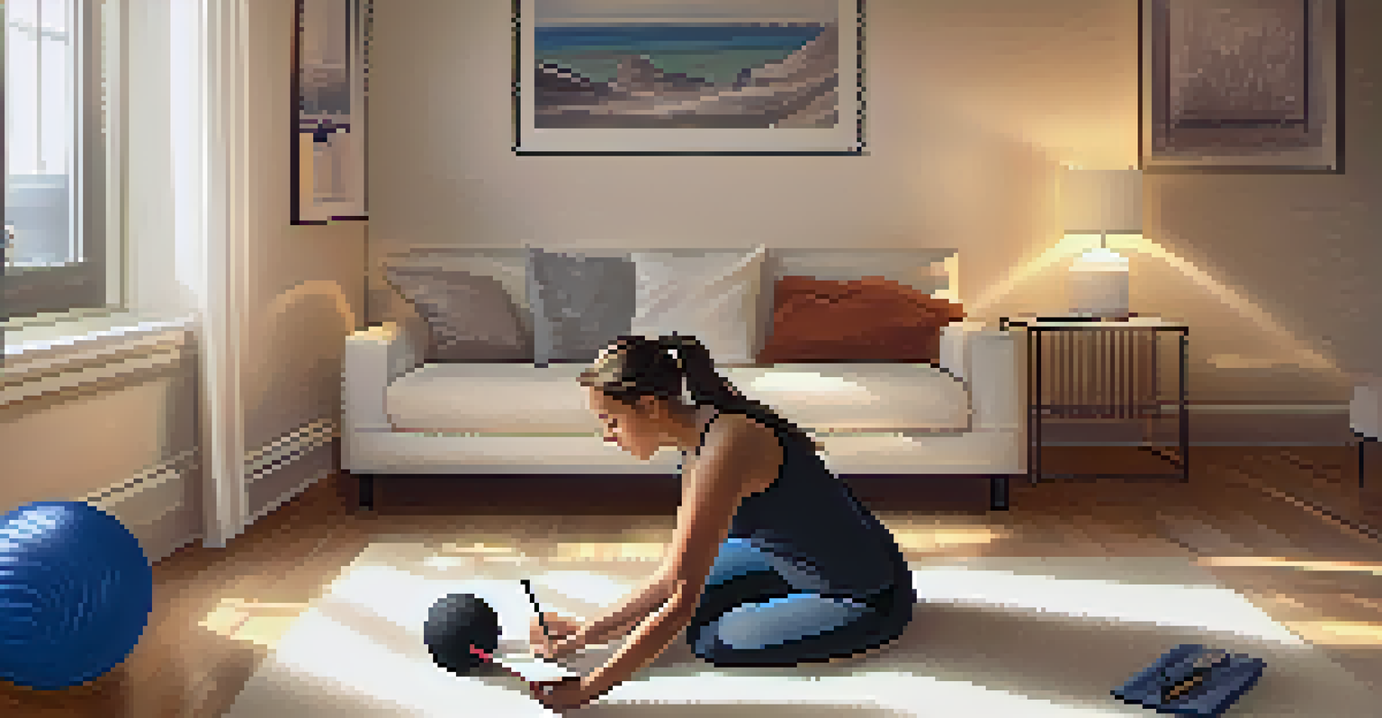 A person journaling in a cozy room with recovery tools like foam rollers and massage balls on the floor.