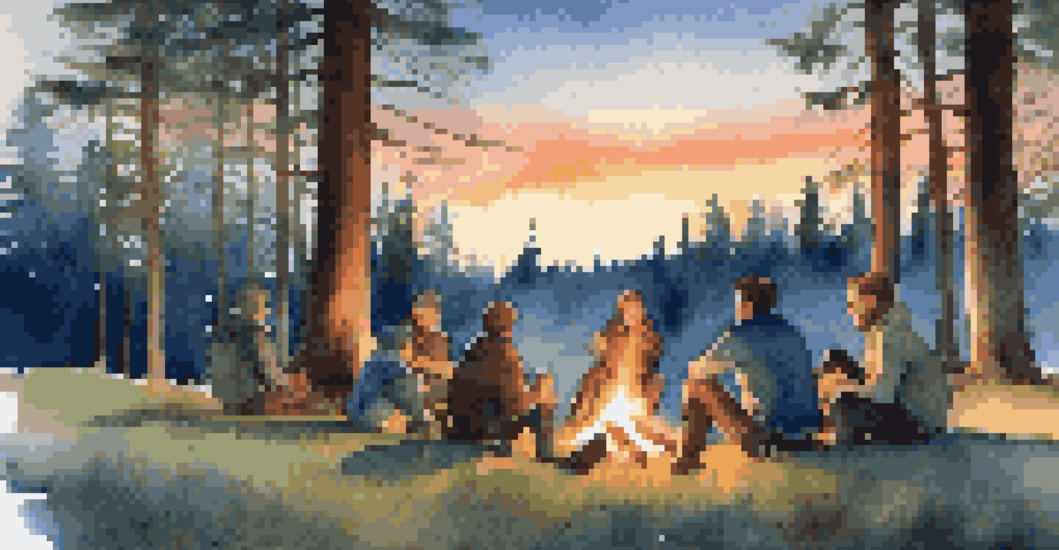 Friends gathered around a campfire in a forest clearing during sunset, sharing stories.