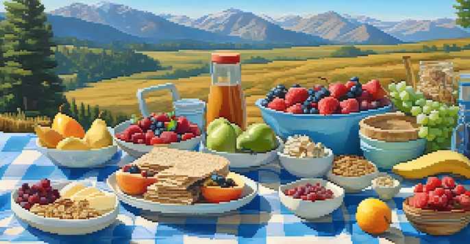 A picnic blanket spread with healthy road trip meals, including wraps, fruits, and snacks, with mountains in the background.