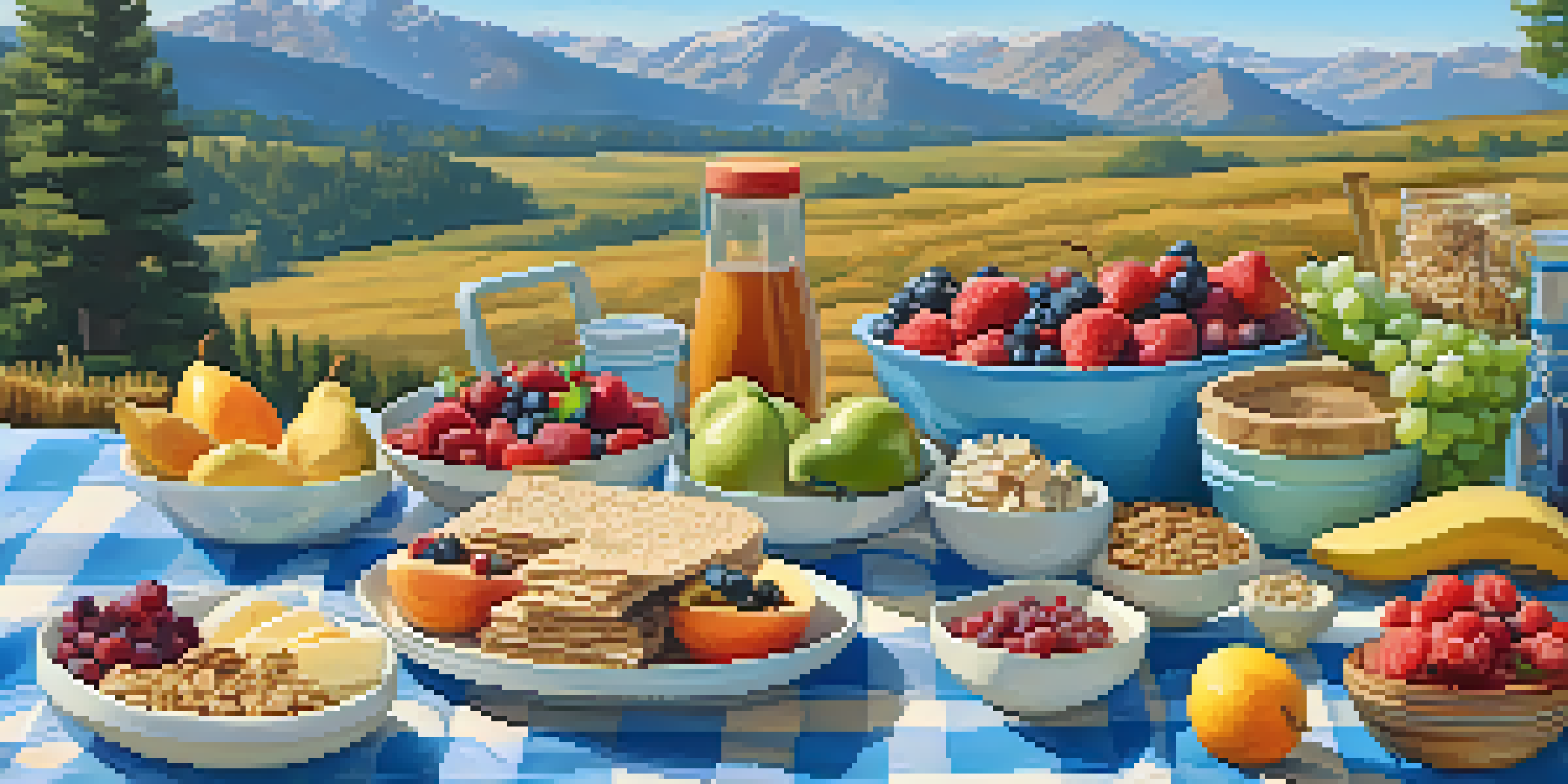 A picnic blanket spread with healthy road trip meals, including wraps, fruits, and snacks, with mountains in the background.