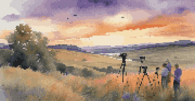 A scenic landscape at sunset with photographers capturing the view, surrounded by wildflowers and a river.